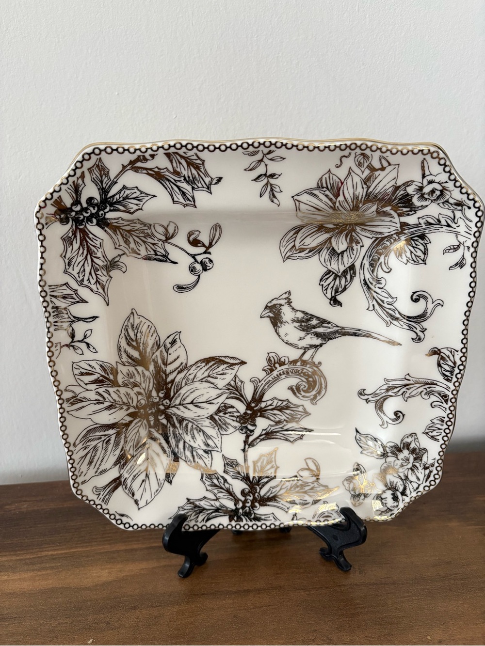 Adelaide Dinner and side Plate Gold Floral Bird Square